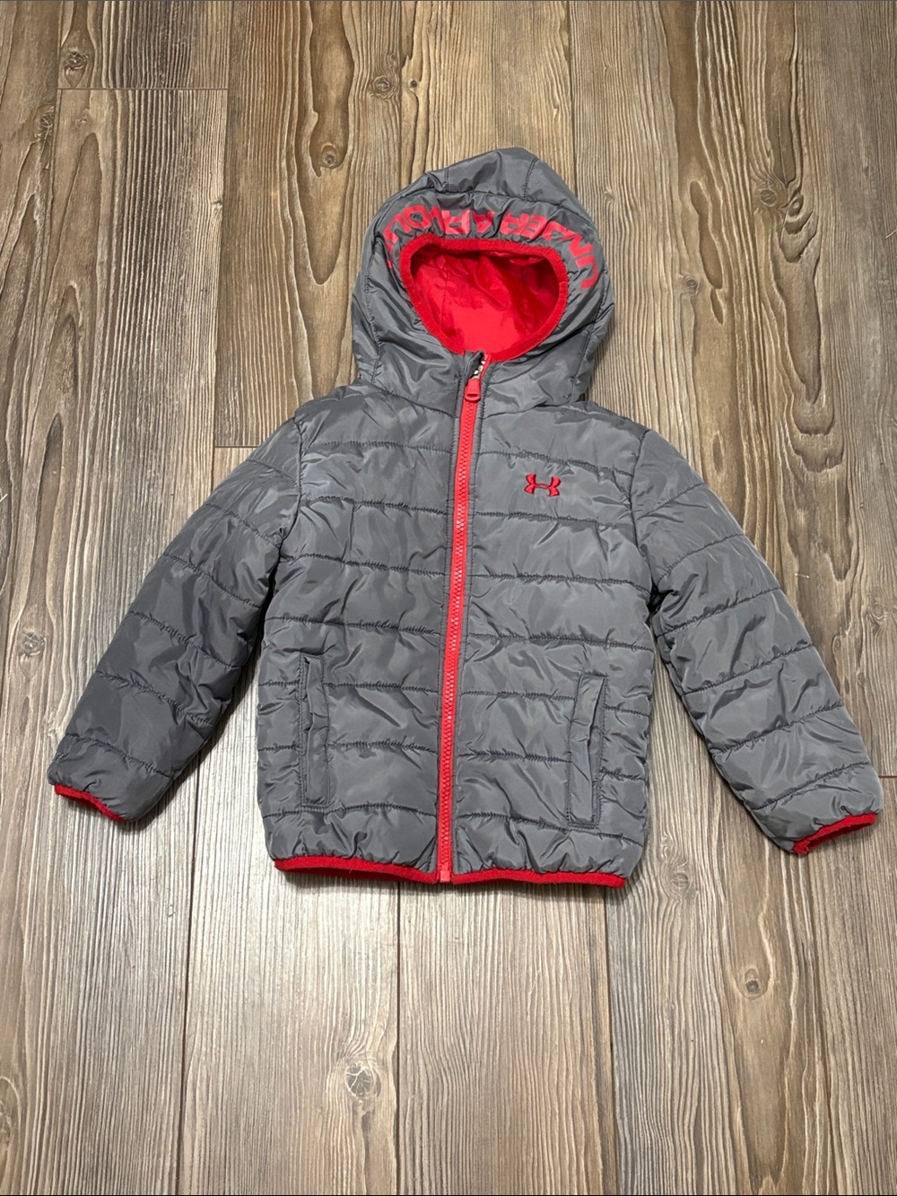 Under Armour Gray Puffer Jacket with Red Trim for Kids